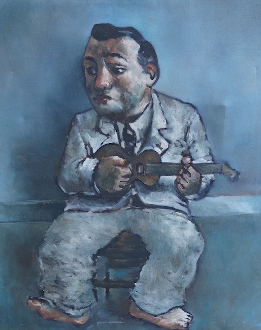 Stylised oil on canvas, Study of a ukelele player, unsigned, 78 x 64cm. Condition - fair to good